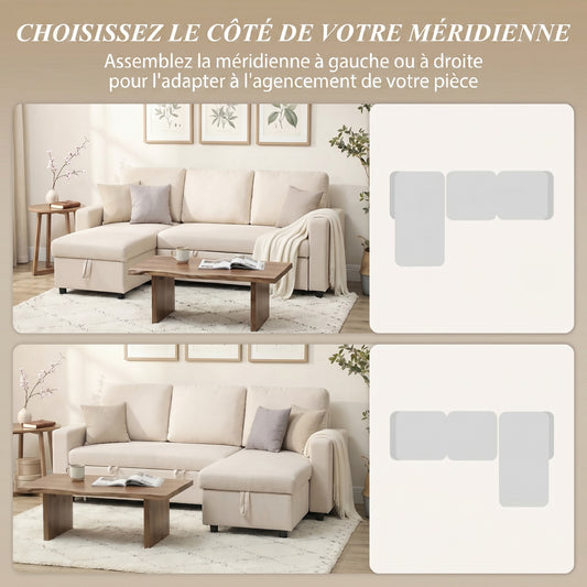 Canapé d'angle convertible modulable avec méridienne réversible, coffre de rangement et 3 coussins de dossier, crème