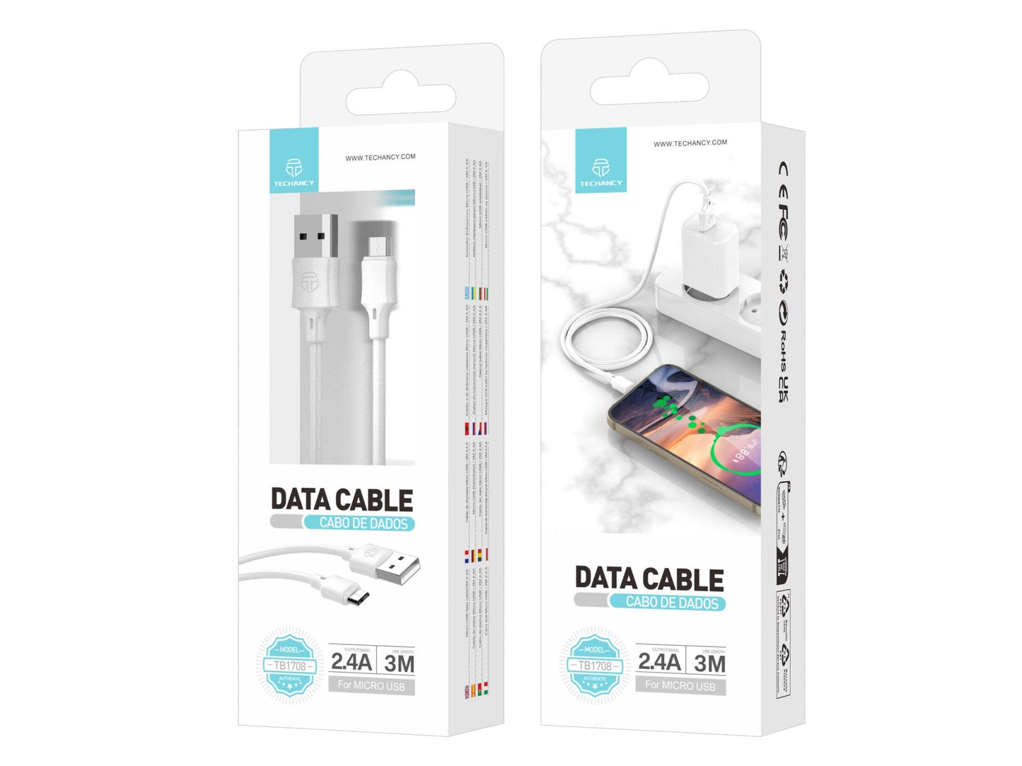 Techancy Cabo De Carregamento 3m Usb-Micro Branco TB1708, Carregamento Rápido De 2,4 A, Carregamento De Longo Alcance 3m