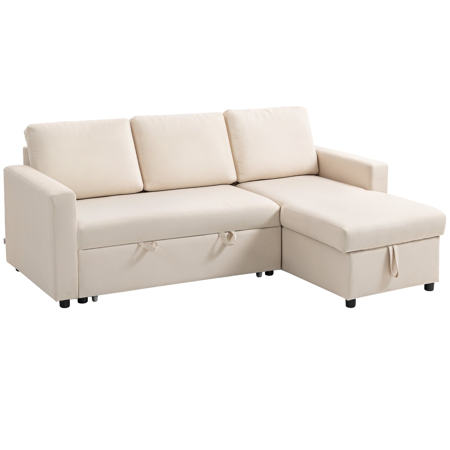 Canapé d'angle convertible modulable avec méridienne réversible, coffre de rangement et 3 coussins de dossier, crème
