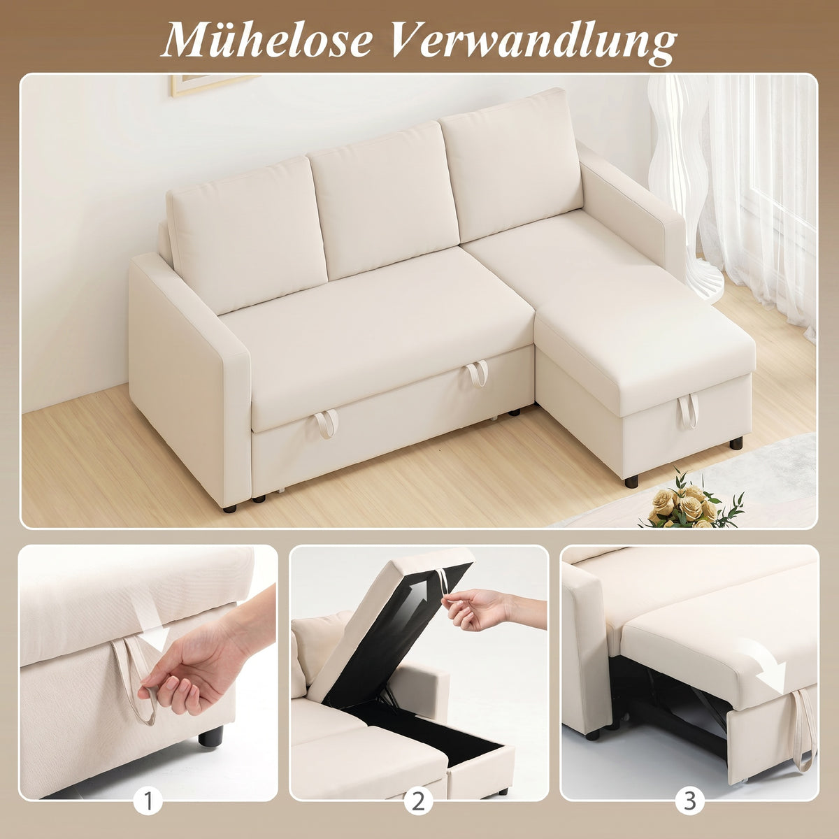 Canapé d'angle convertible modulable avec méridienne réversible, coffre de rangement et 3 coussins de dossier, crème