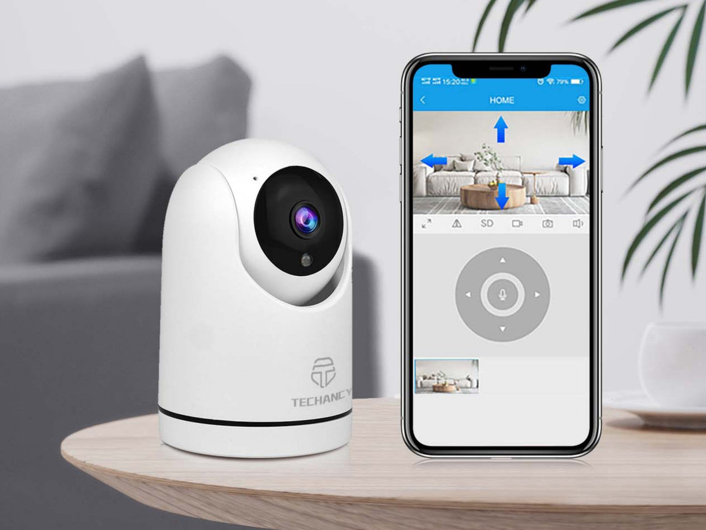 Techancy Câmara De Vigilância Sem Fios Branca SH042, 360° Interior, Visão Nocturna Hd 1080p, Áudio Bidirecional Wi-Fi