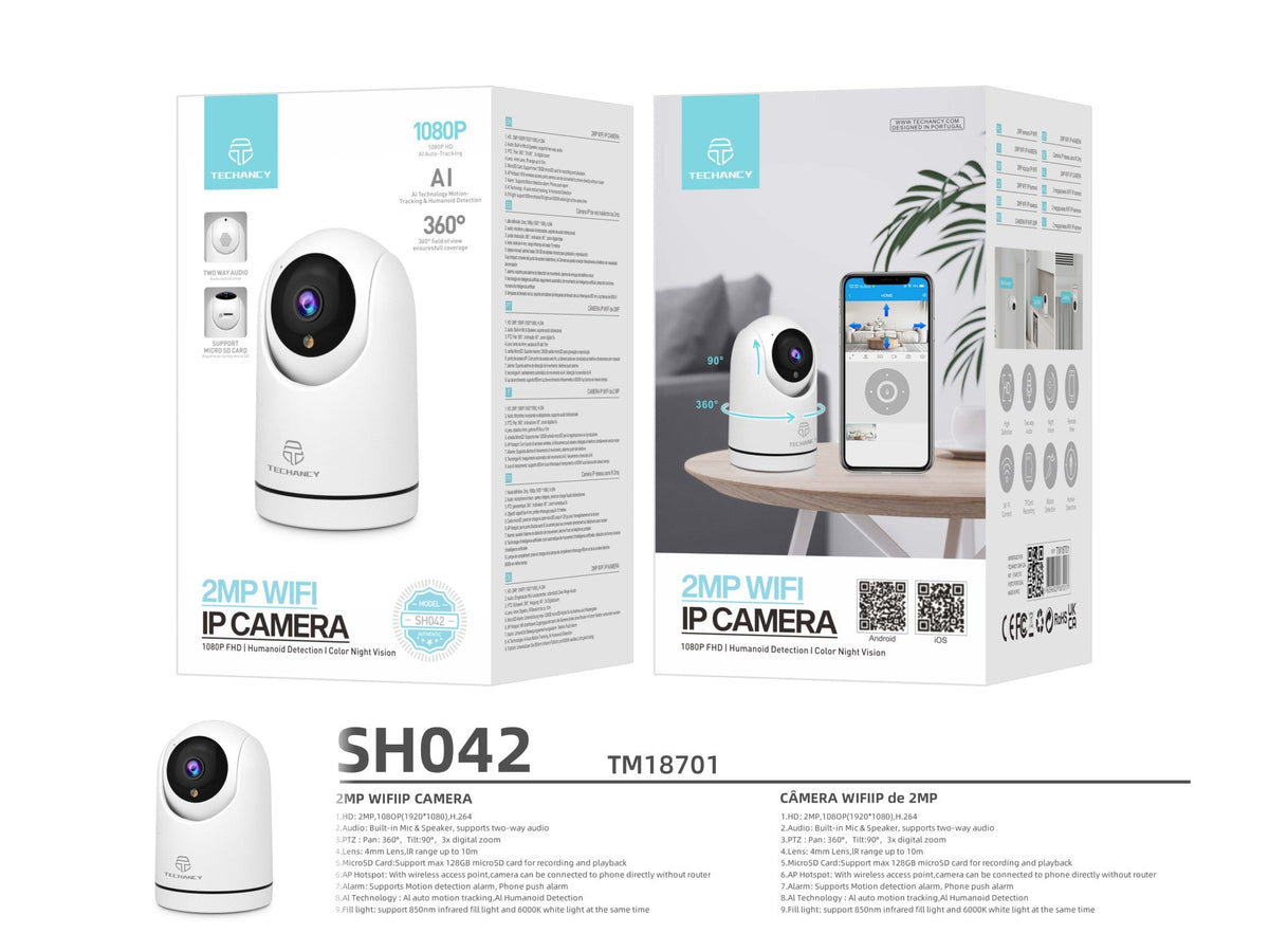 Techancy Câmara De Vigilância Sem Fios Branca SH042, 360° Interior, Visão Nocturna Hd 1080p, Áudio Bidirecional Wi-Fi