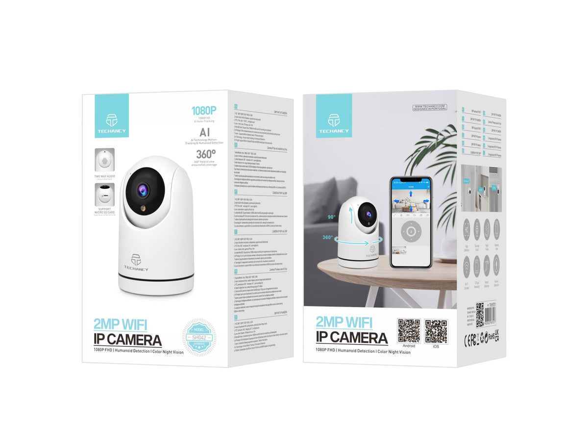 Techancy Câmara De Vigilância Sem Fios Branca SH042, 360° Interior, Visão Nocturna Hd 1080p, Áudio Bidirecional Wi-Fi