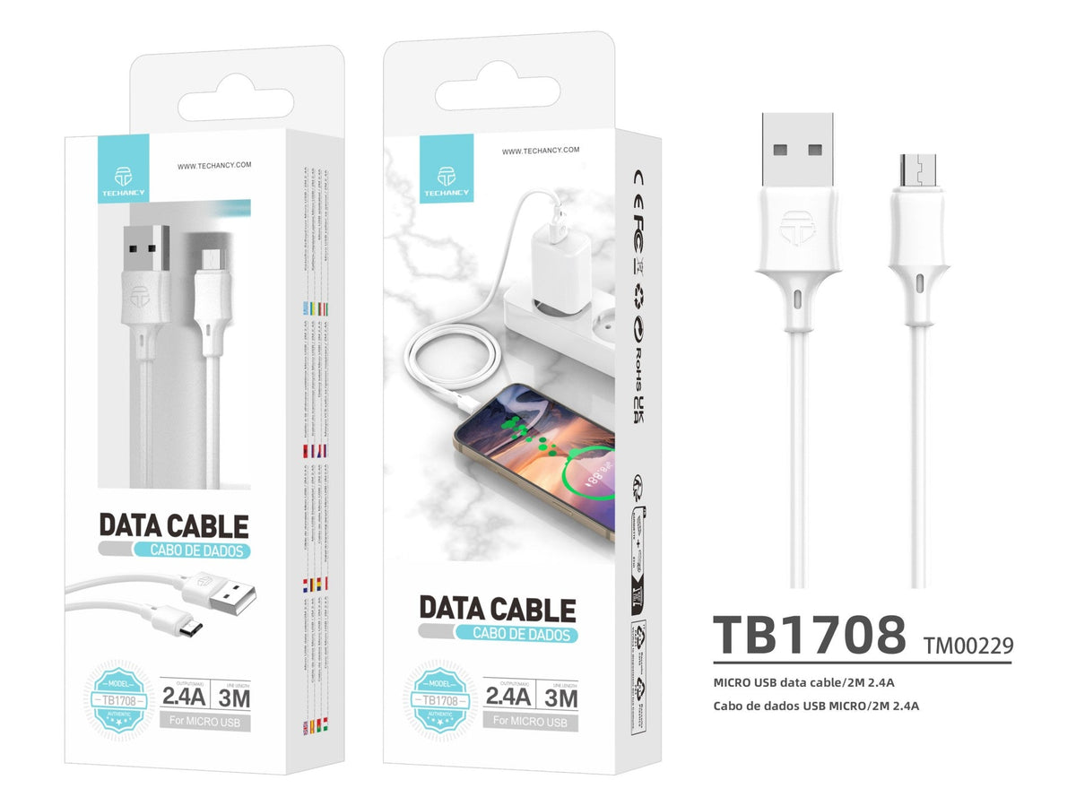 Techancy Cabo De Carregamento 3m Usb-Micro Branco TB1708, Carregamento Rápido De 2,4 A, Carregamento De Longo Alcance 3m