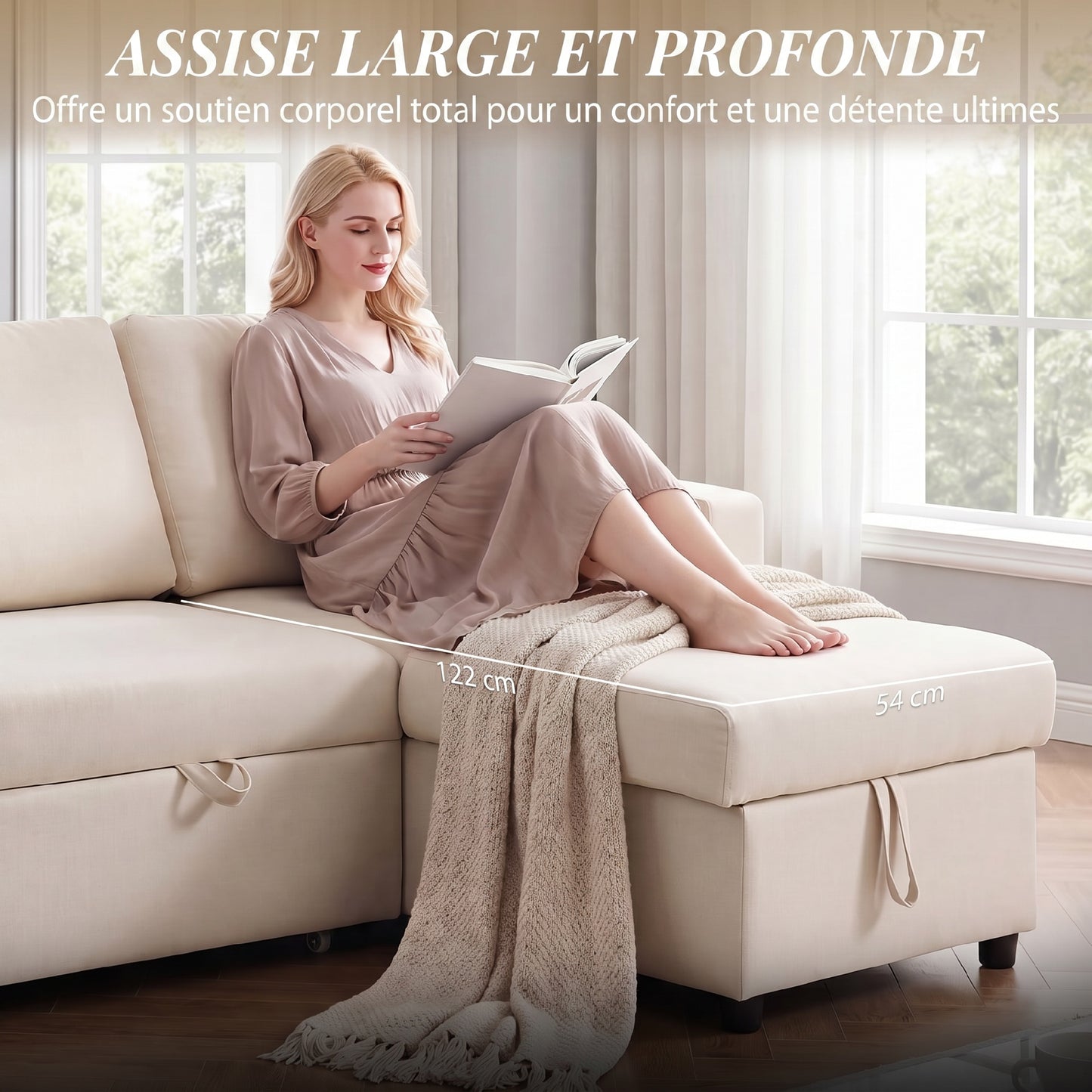 Canapé d'angle convertible modulable avec méridienne réversible, coffre de rangement et 3 coussins de dossier, crème