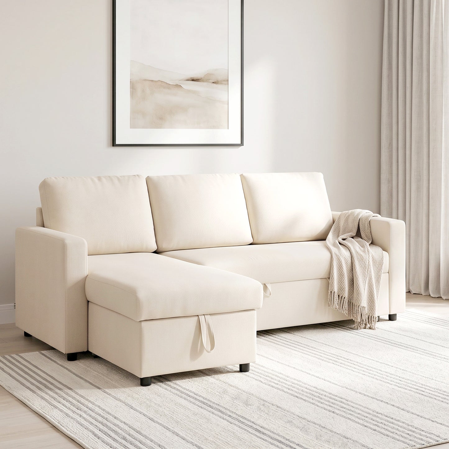 Canapé d'angle convertible modulable avec méridienne réversible, coffre de rangement et 3 coussins de dossier, crème