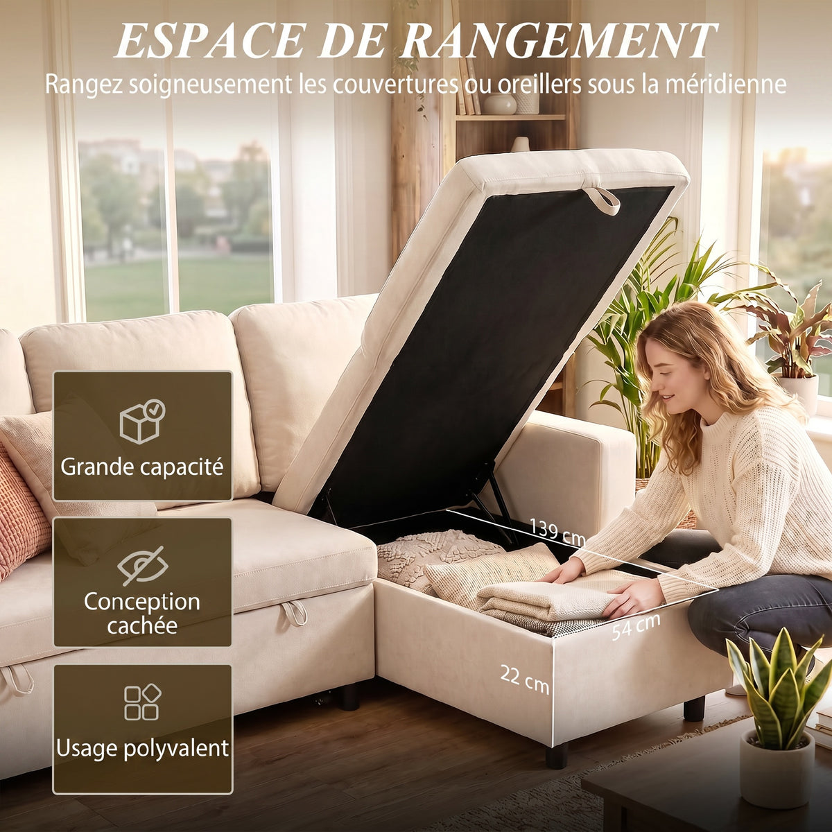 Canapé d'angle convertible modulable avec méridienne réversible, coffre de rangement et 3 coussins de dossier, crème