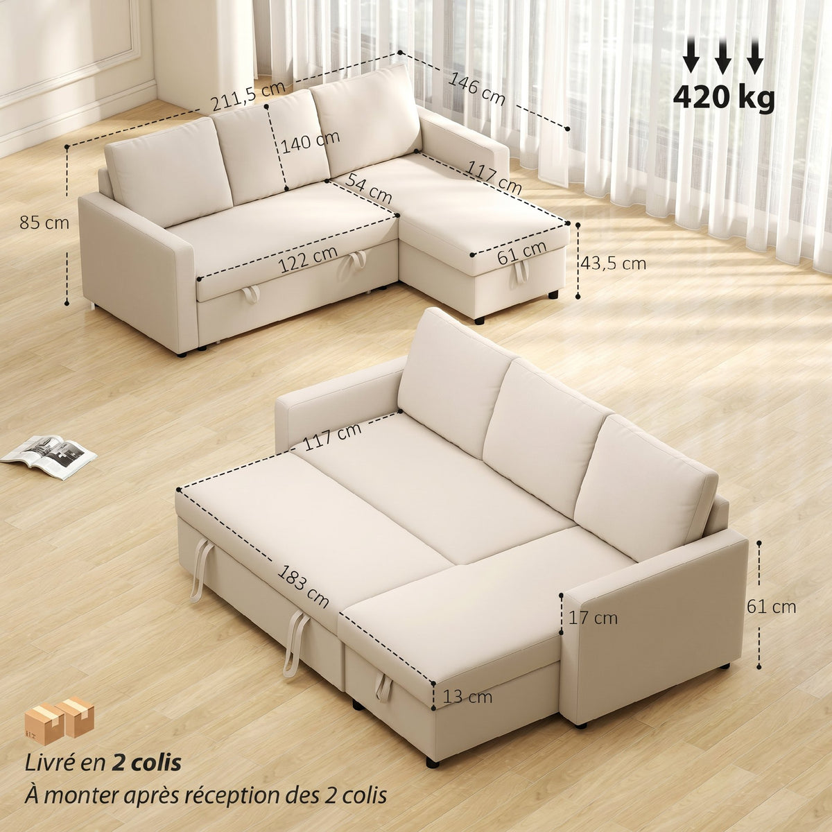 Canapé d'angle convertible modulable avec méridienne réversible, coffre de rangement et 3 coussins de dossier, crème